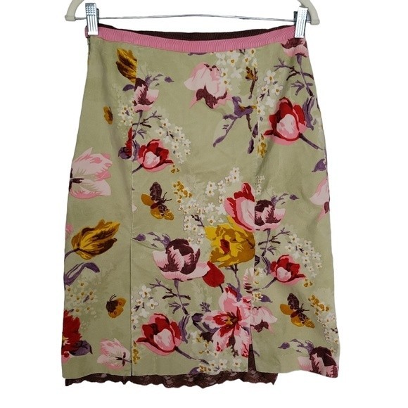 Elevenses by Anthro | Women's Green Pink Velvet Pencil Skirt - Size 8 - Flaw - Picture 2 of 8